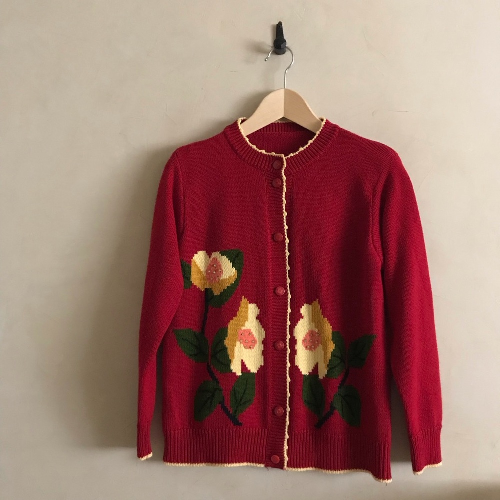 Red Floral Knit Cardigan
